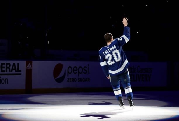 Blake Coleman of the Tampa Bay Lightning acknowledges the crowd after being named a star of the game in the 3-1 victory over the Montreal Canadiens...