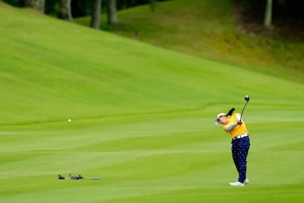 Ririna Staiano of Japan hits her second shot on the 6th hole during the third round of the Sky Ladies ABC Cup at the ABC Golf Club on July 1, 2021 in...