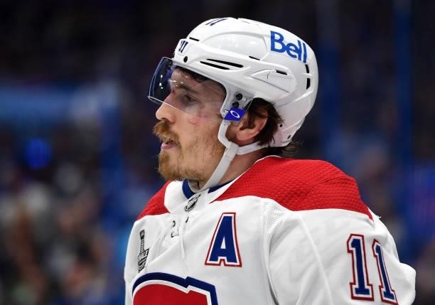 Brendan Gallagher of the Montreal Canadiens looks on while playing against the Tampa Bay Lightning during the second period of Game Two of the 2021...