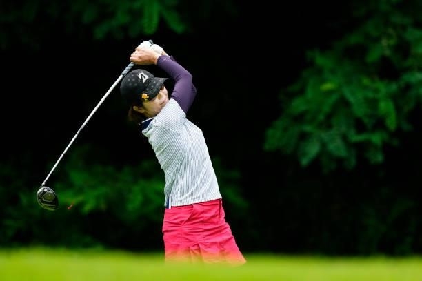 Tomoko Kanai of Japan hits her tee shot on the 7th hole during the third round of the Sky Ladies ABC Cup at the ABC Golf Club on July 1, 2021 in...