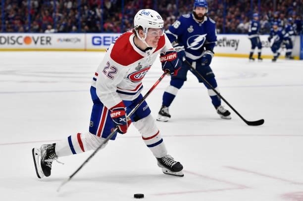 Cole Caufield of the Montreal Canadiens takes a shot against the Tampa Bay Lightning during the second period of Game Two of the 2021 Stanley Cup...