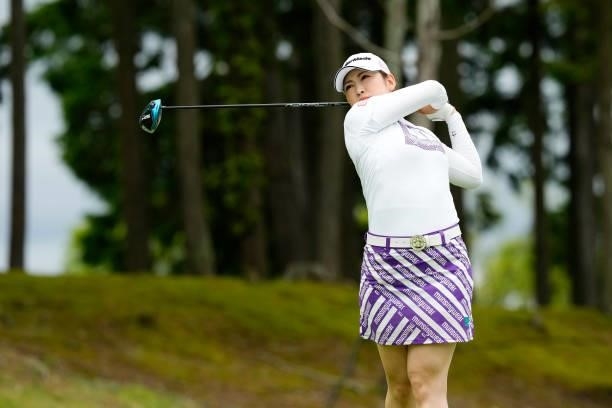 Aya Tamura of Japan hits her tee shot on the 1st hole during the third round of the Sky Ladies ABC Cup at the ABC Golf Club on July 1, 2021 in Kato,...
