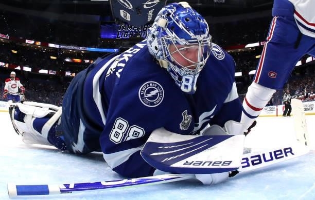 Goaltender Andrei Vasilevskiy of the Tampa Bay Lightning looks back while on the ice while playing against the Montreal Canadiens during the second...