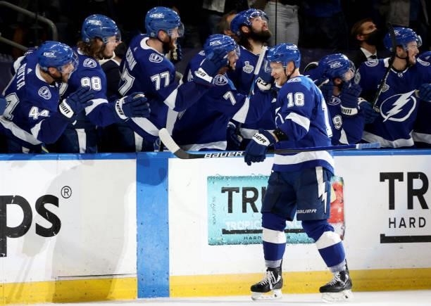 Ondrej Palat of the Tampa Bay Lightning celebrates his goal against the Montreal Canadiens with teammates during the third period of Game Two of the...