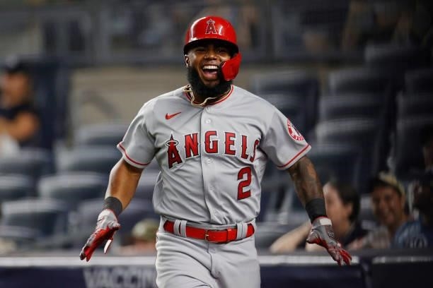 Luis Rengifo of the Los Angeles Angels reacts after scoring on an RBI double hit by Taylor Ward during the ninth inning against the New York Yankees...