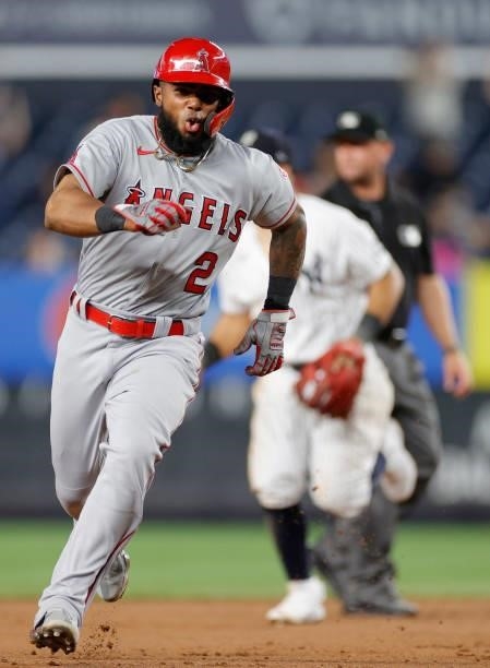 Luis Rengifo of the Los Angeles Angels runs to third during the ninth inning against the New York Yankees at Yankee Stadium on June 30, 2021 in the...