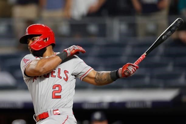 Luis Rengifo of the Los Angeles Angels hits a go-ahead 2-RBI single during the ninth inning against the New York Yankees at Yankee Stadium on June...