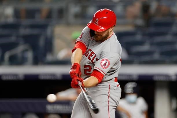 Jared Walsh of the Los Angeles Angels hits a grand slam to tie the game during the ninth inning against the New York Yankees at Yankee Stadium on...