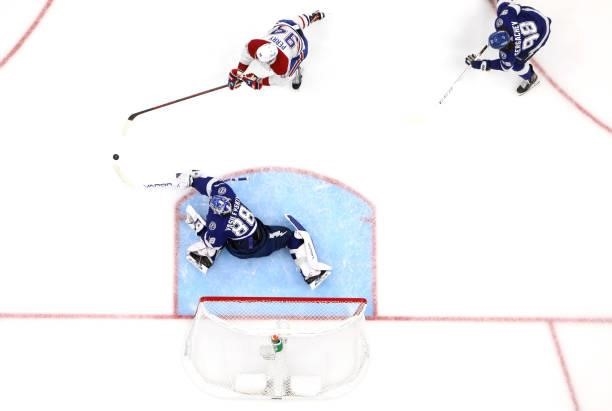 Goaltender Andrei Vasilevskiy of the Tampa Bay Lightning makes a save against the Montreal Canadiens during Game Two of the 2021 Stanley Cup Final at...