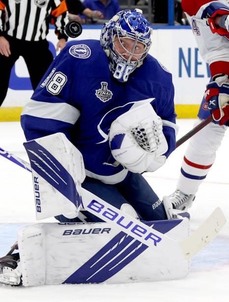 Goaltender Andrei Vasilevskiy of the Tampa Bay Lightning makes a save against the Montreal Canadiens during the second period of Game Two of the 2021...