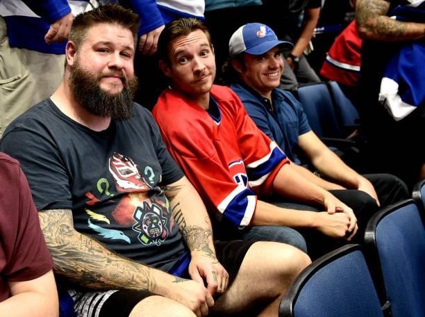 Wrestlers Kevin Owens, Chase Parker and Matt Martel attend Game Two of the 2021 Stanley Cup Final between the Montreal Canadiens and the Tampa Bay...