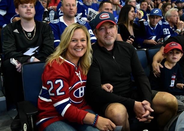 The parents of Cole Caufield of the Montreal Canadiens, Kelly and Paul Caufield, attend Game Two of the 2021 Stanley Cup Final between the Montreal...