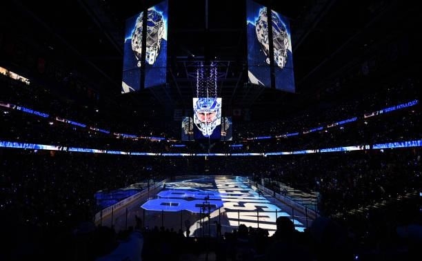 General view of the ice is seen before Game Two of the 2021 Stanley Cup Final between the Montreal Canadiens and the Tampa Bay Lightning at Amalie...
