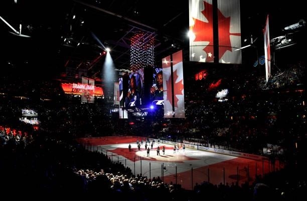 General view of the ice is seen during pregame for Game Two of the 2021 Stanley Cup Final between the Montreal Canadiens and the Tampa Bay Lightning...
