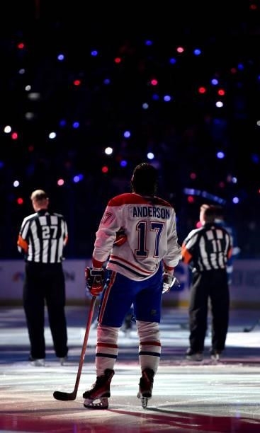 Josh Anderson of the Montreal Canadiens stands on the ice during pregame for Game Two of the 2021 Stanley Cup Final against the Tampa Bay Lightning...