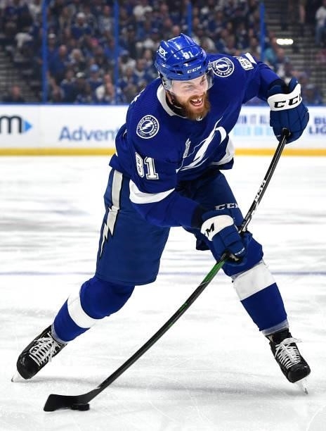 Erik Cernak of the Tampa Bay Lightning takes a shot against the Montreal Canadiens during the second period of Game Two of the 2021 Stanley Cup Final...