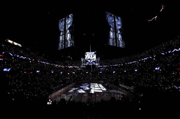 General view of the ice is seen during pregame before Game Two of the 2021 Stanley Cup Final between the Montreal Canadiens and the Tampa Bay...