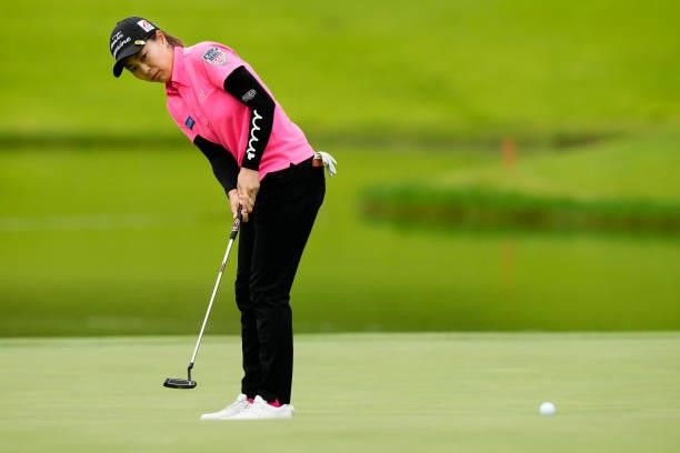 Mayu Hattori of Japan putts on the 18th green during the third round of the Sky Ladies ABC Cup at the ABC Golf Club on July 01, 2021 in Kato, Hyogo,...