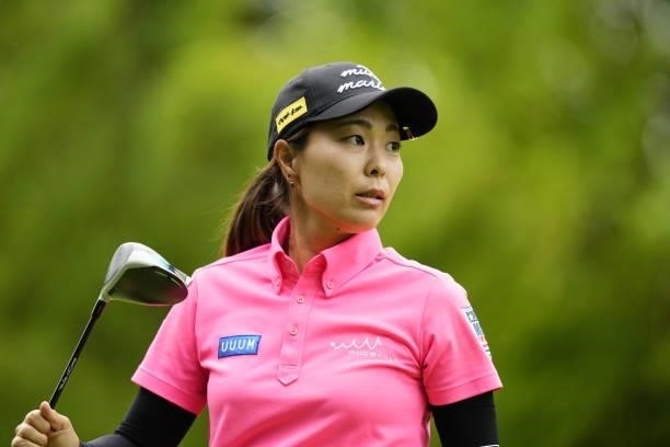 Mayu Hattori of Japan watches her tee shot on the 17th hole during the third round of the Sky Ladies ABC Cup at the ABC Golf Club on July 01, 2021 in...
