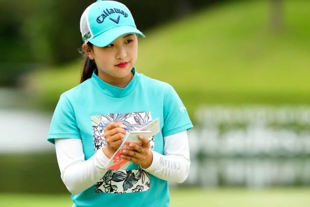 Hana Lee of South Korea leaves 18th green during the third round of the Sky Ladies ABC Cup at the ABC Golf Club on July 01, 2021 in Kato, Hyogo,...