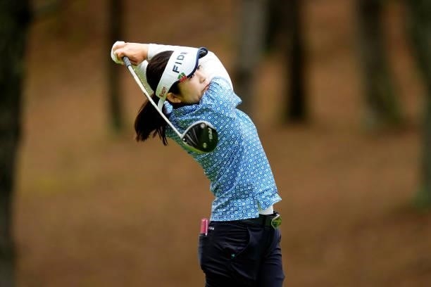 Sumika Nakasone of Japan hits her tee shot on the 4th hole during the third round of the Sky Ladies ABC Cup at the ABC Golf Club on July 01, 2021 in...