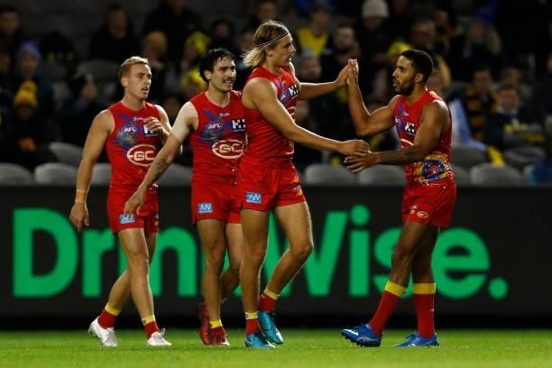 Jeremy Sharp of the Suns celebrates a goal during the round 16 AFL match between the Gold Coast Suns and the Richmond Tigers at Marvel Stadium on...