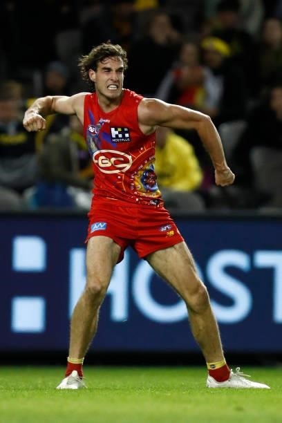 Ben King of the Suns celebrates a goal during the round 16 AFL match between the Gold Coast Suns and the Richmond Tigers at Marvel Stadium on July...