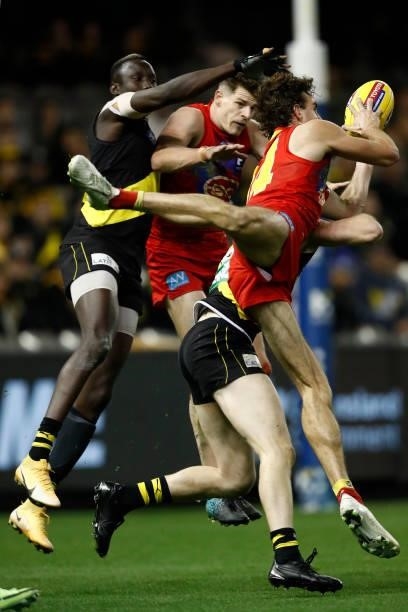 Ben King of the Suns attempts to mark the ball during the round 16 AFL match between the Gold Coast Suns and the Richmond Tigers at Marvel Stadium on...