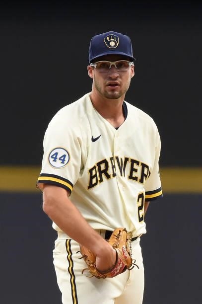 Aaron Ashby of the Milwaukee Brewers pitches against the Chicago Cubs in the first inning at American Family Field on June 30, 2021 in Milwaukee,...