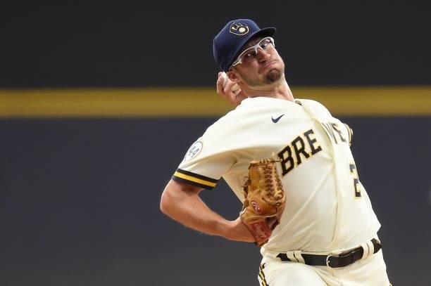 Aaron Ashby of the Milwaukee Brewers pitches against the Chicago Cubs in the first inning at American Family Field on June 30, 2021 in Milwaukee,...