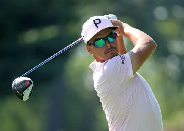 Rickie Fowler plays his shot from the 17th tee during the first round of the Rocket Mortgage Classic on July 01, 2021 at the Detroit Golf Club in...