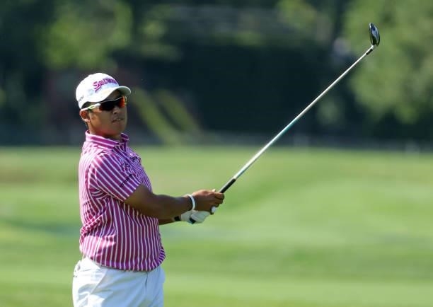 Hideki Matsuyama of Japan plays his shot on the 17th hole during the first round of the Rocket Mortgage Classic on July 01, 2021 at the Detroit Golf...