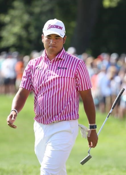 Hideki Matsuyama of Japan on the 17th hole during the first round of the Rocket Mortgage Classic on July 01, 2021 at the Detroit Golf Club in...