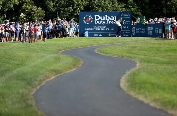 Rory McIlroy of Northern Ireland tees off on the 18th hole during Day One of The Dubai Duty Free Irish Open at Mount Juliet Golf Club on July 01,...