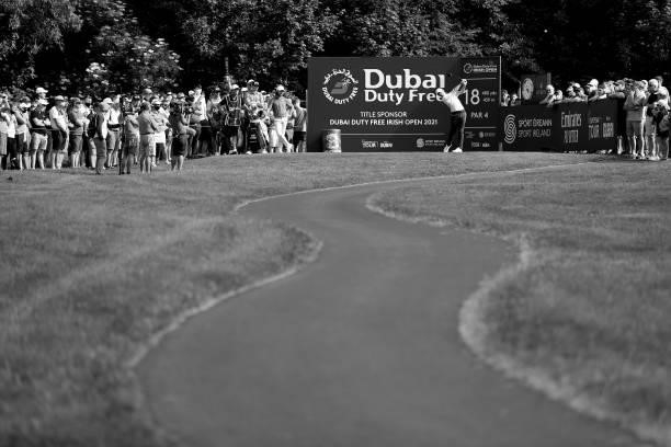 Rory McIlroy of Northern Ireland tees off on the 18th hole during Day One of The Dubai Duty Free Irish Open at Mount Juliet Golf Club on July 01,...