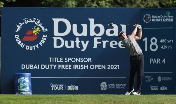 John Catlin of the USA tees off on the 18th hole during Day One of The Dubai Duty Free Irish Open at Mount Juliet Golf Club on July 01, 2021 in...
