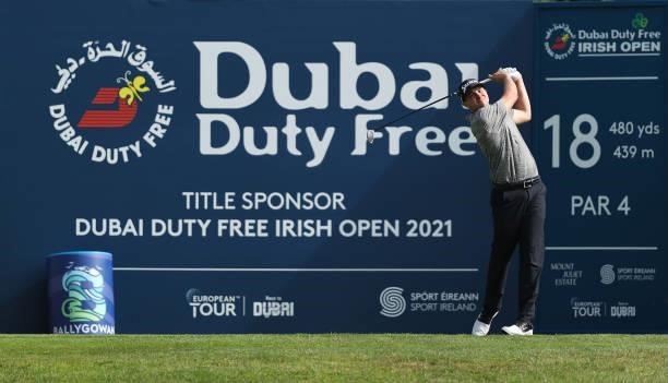 John Catlin of the USA tees off on the 18th hole during Day One of The Dubai Duty Free Irish Open at Mount Juliet Golf Club on July 01, 2021 in...