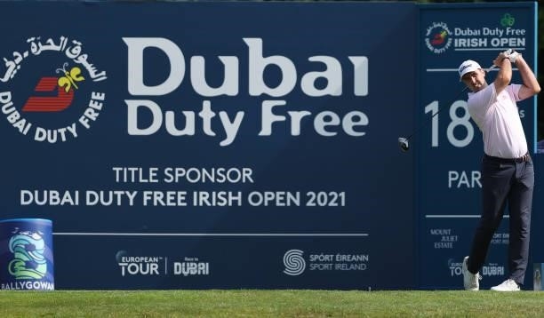 Niall Kearney of Ireland tees off on the 18th hole during Day One of The Dubai Duty Free Irish Open at Mount Juliet Golf Club on July 01, 2021 in...