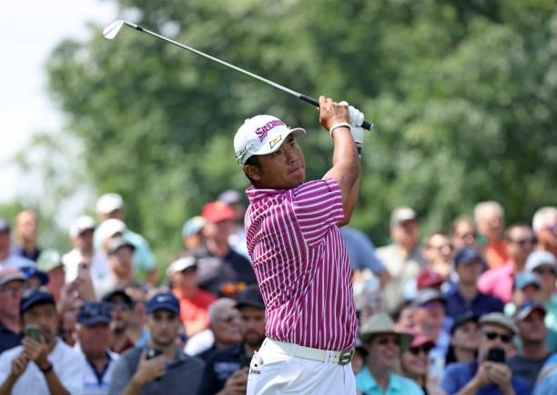 Hideki Matsuyama of Japan plays his shot from the fifth tee during the first round of the Rocket Mortgage Classic on July 01, 2021 at the Detroit...