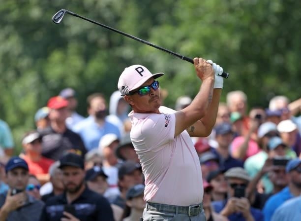 Rickie Fowler plays his shot from the fifth tee during the first round of the Rocket Mortgage Classic on July 01, 2021 at the Detroit Golf Club in...