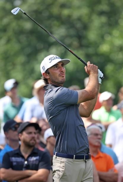 Max Homa plays his shot from the fifth tee during the first round of the Rocket Mortgage Classic on July 01, 2021 at the Detroit Golf Club in...