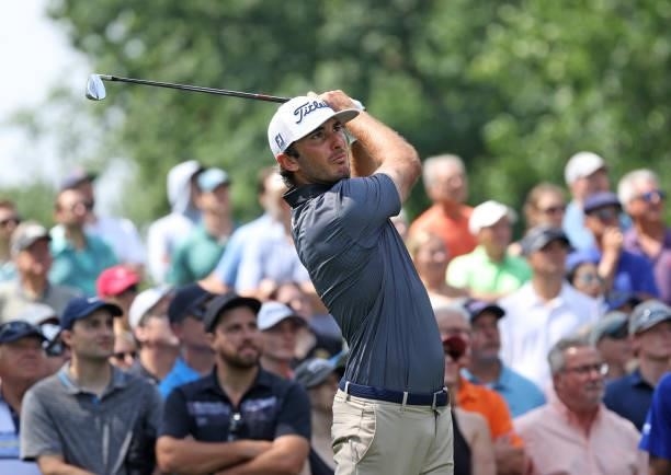 Max Homa plays his shot from the fifth tee during the first round of the Rocket Mortgage Classic on July 01, 2021 at the Detroit Golf Club in...