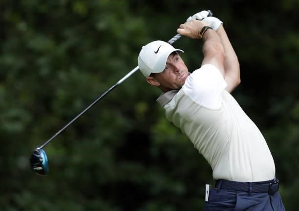 Rory McIlroy of Northern Ireland in action during Day One of The Dubai Duty Free Irish Open at Mount Juliet Golf Club on July 01, 2021 in Thomastown,...