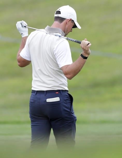 Rory McIlroy of Northern Ireland looks dejected during Day One of The Dubai Duty Free Irish Open at Mount Juliet Golf Club on July 01, 2021 in...