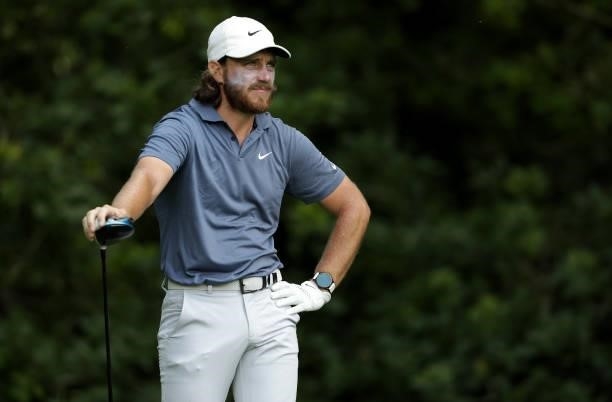 Tommy Fleetwood of England in action during Day One of The Dubai Duty Free Irish Open at Mount Juliet Golf Club on July 01, 2021 in Thomastown,...
