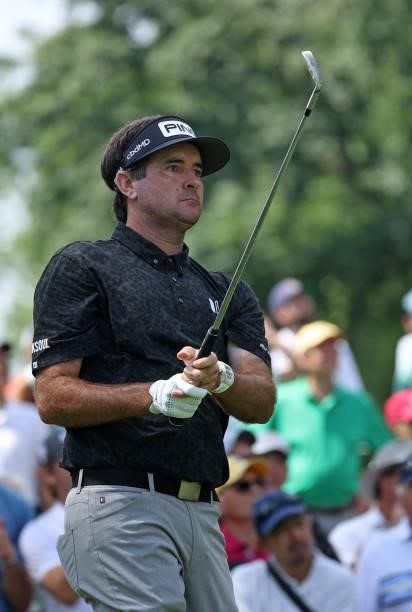 Bubba Watson plays his shot from the fifth tee during the first round of the Rocket Mortgage Classic on July 01, 2021 at the Detroit Golf Club in...