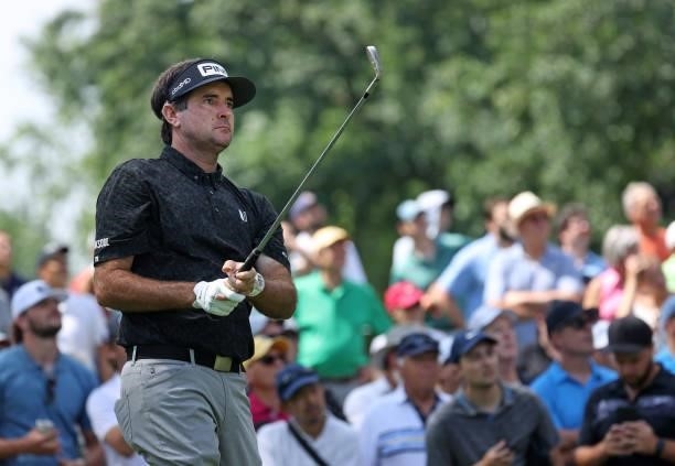 Bubba Watson plays his shot from the fifth tee during the first round of the Rocket Mortgage Classic on July 01, 2021 at the Detroit Golf Club in...