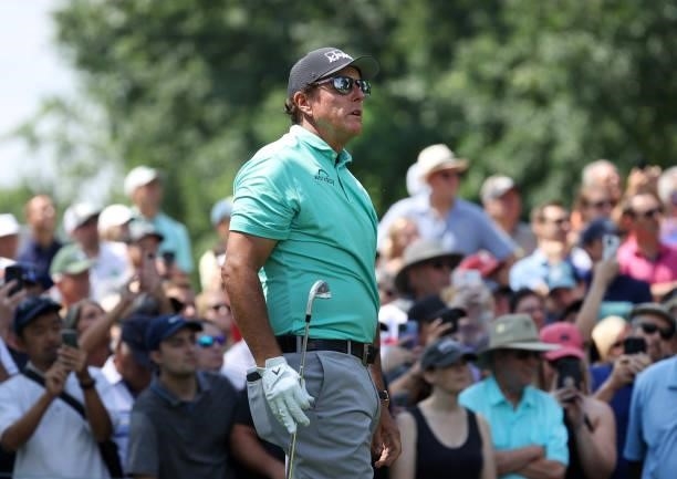 Phil Mickelson plays his shot from the fifth tee during the first round of the Rocket Mortgage Classic on July 01, 2021 at the Detroit Golf Club in...