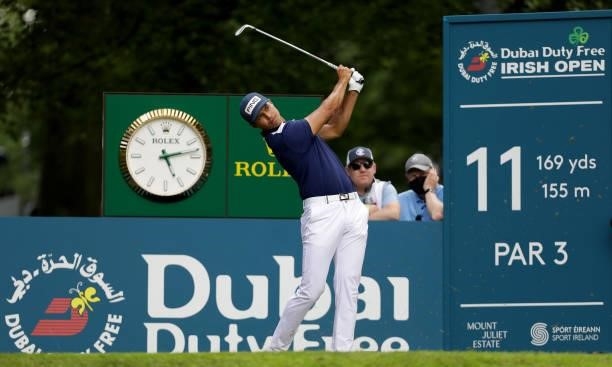Johannes Veerman of the USA tees off on the 11th hole during Day One of The Dubai Duty Free Irish Open at Mount Juliet Golf Club on July 01, 2021 in...