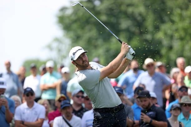 Matthew Wolff plays his shot from the fifth tee during the first round of the Rocket Mortgage Classic on July 01, 2021 at the Detroit Golf Club in...